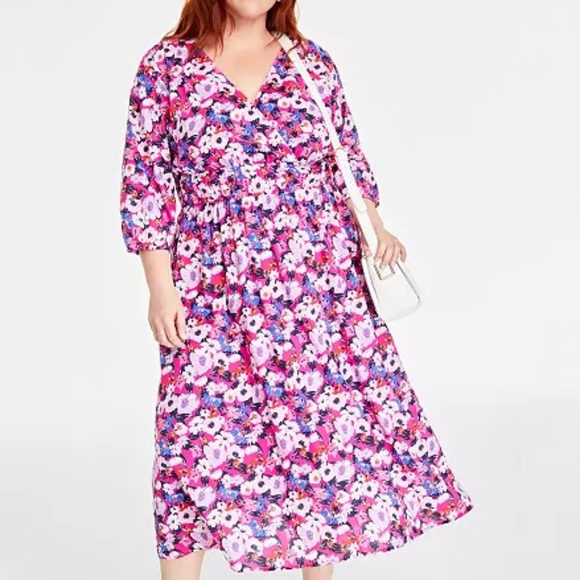 ON 34TH Dresses & Skirts - ON 34TH pink floral Trendy Plus Size Printed Blouson-Sleeve Cotton Midi Dress XL